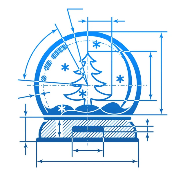 Christmas Snow Globe Symbol Dimension Lines Element Blueprint Drawing Shape — Stock Vector