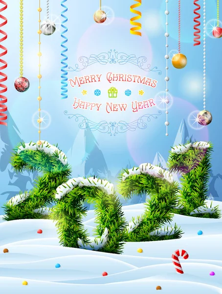 Nouvel 2021 Brindilles Arbre Noël Dans Neige Paysage Hivernal Avec — Image vectorielle