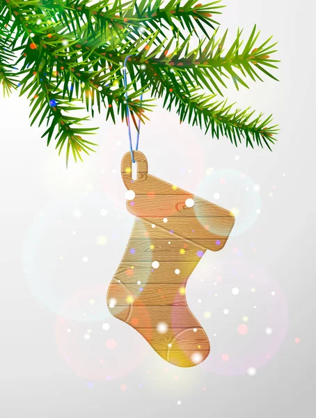 Branche Arbre Noël Avec Chaussette Décorative Bois Planches Bois Forme — Image vectorielle