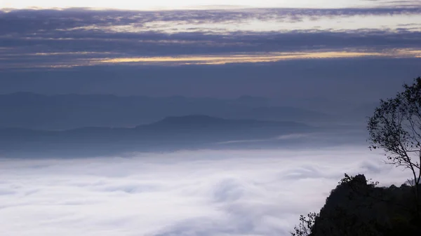 Montanha Nevoeiro Natureza Paisagem Nascer Sol Fundo Floresta Nevoeiro Paisagem — Fotografia de Stock