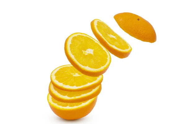 Falling sliced orange fruit isolated on white background with cl — Stock Photo, Image
