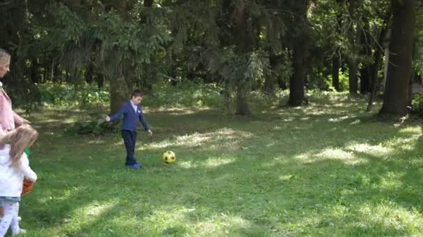 Una giovane famiglia felice, papà, mamma, figlioletta e figlio hanno organizzato un picnic su una collina vicino alla città. Cena comune nel fine settimana nella natura. Al rallentatore. 4K — Video Stock