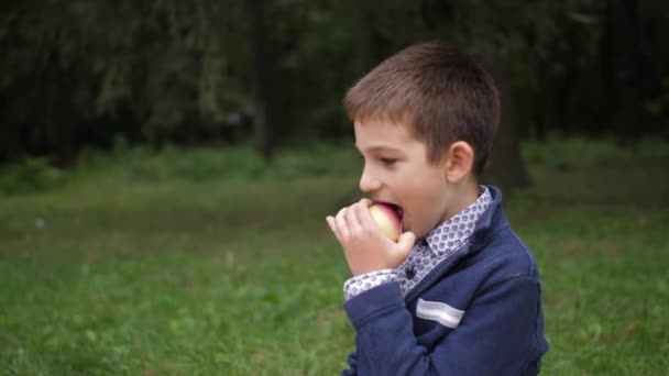 Un petit garçon mord une pomme et sourit. Au ralenti. 4k .