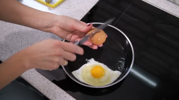 女性は、熱い鍋で卵を中断します。彼女は朝食を準備しています。4 k が遅い Mo — ストック動画
