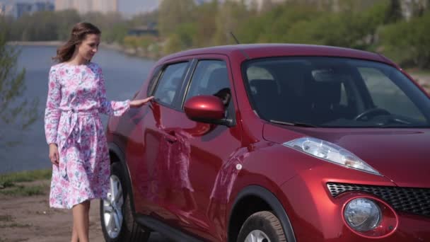 La chica inspecciona un coche nuevo, se apoya en el capó y mira a la naturaleza. 4K Slow Mo — Vídeo de stock