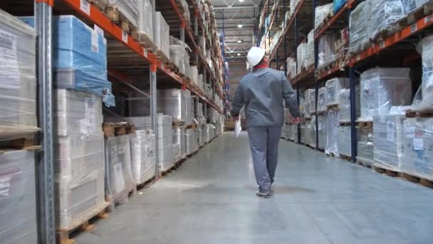 Een werknemer bij een logistiek magazijn controleert producten. Een man loopt langs enorme planken met dozen. 4k slow mo — Stockvideo