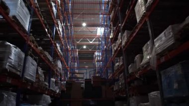 Büyük lojistik depo. Kutuları olan çok uzun raflar. Satırlar arasında kamera hareket halinde. 4k Yavaş Mo