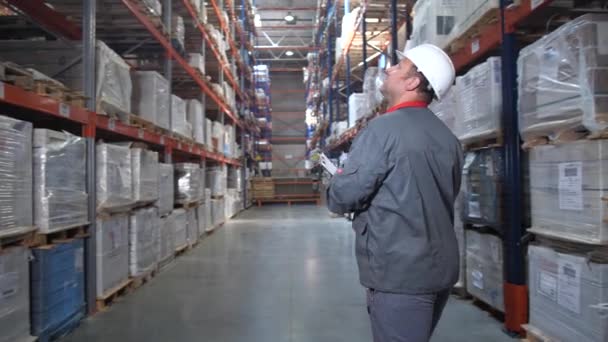 Pracovník skladu přejde zpět do kamery mezi regály se zbožím. 4k pomalá mo — Stock video