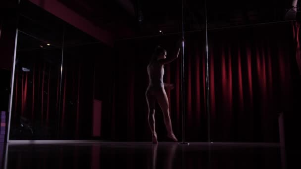 Tanzstudio. ein Mädchen mit Sportfigur betritt den Rahmen, nähert sich dem Pylon und beginnt zu tanzen. 4k langsam mo — Stockvideo