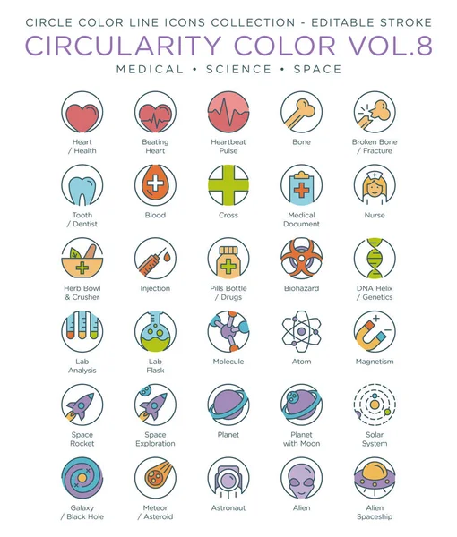 Colección Iconos Color Círculo Médico Ciencia Espacio — Vector de stock