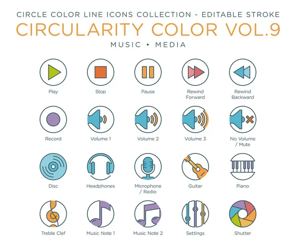 Colección Iconos Color Círculo Música Medios Comunicación — Vector de stock