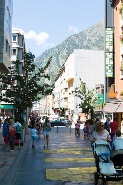 Andorra la Vella, Andorra - August 14, 2017: Andorra is the country with the smallest trade taxes. It is a tourist and commercial center of Europe.