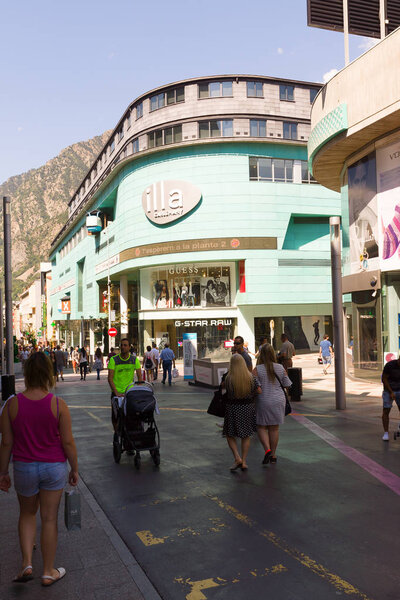 Andorra la Vella, Andorra - August 14, 2017: Andorra is the country with the smallest trade taxes. It is a tourist and commercial center of Europe.
