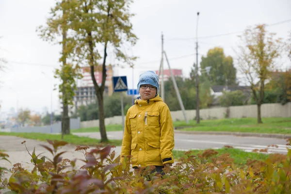 Boy Yellow Jacket Resting Autumn Park — Stock Photo, Image