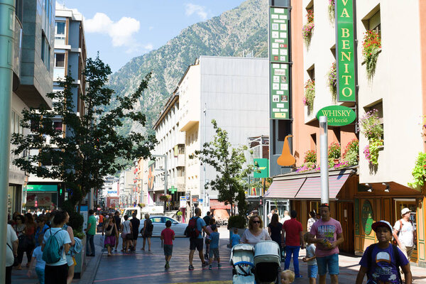 Andorra la Vella, Andorra - August 14, 2017: Andorra is the country with the smallest trade taxes. It is a tourist and commercial center of Europe.
