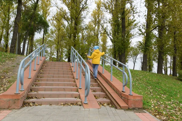 Мальчик Желтой Куртке Отдыхает Осеннем Парке — стоковое фото