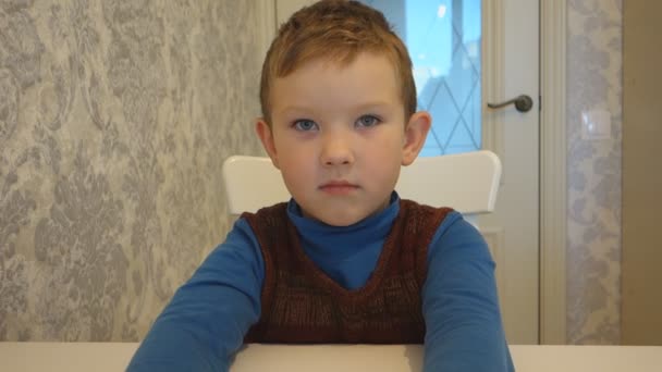 感情的にテーブルの上の少年の物語を語る — ストック動画