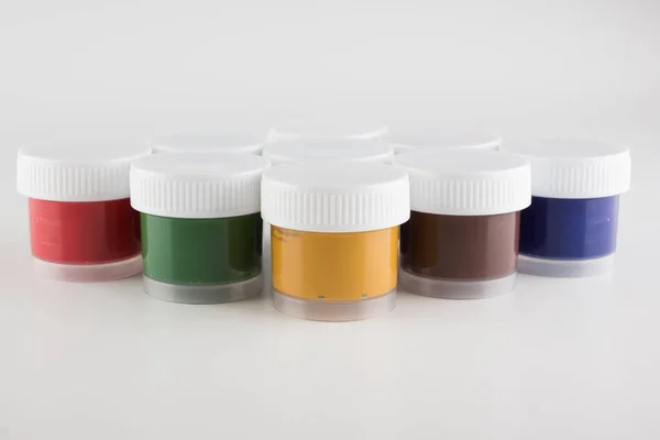 Jars Colored Paint Creativity White Background — Stock Photo, Image