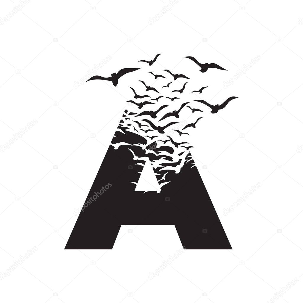 letter A with effect of destruction. Dispersion. Birds