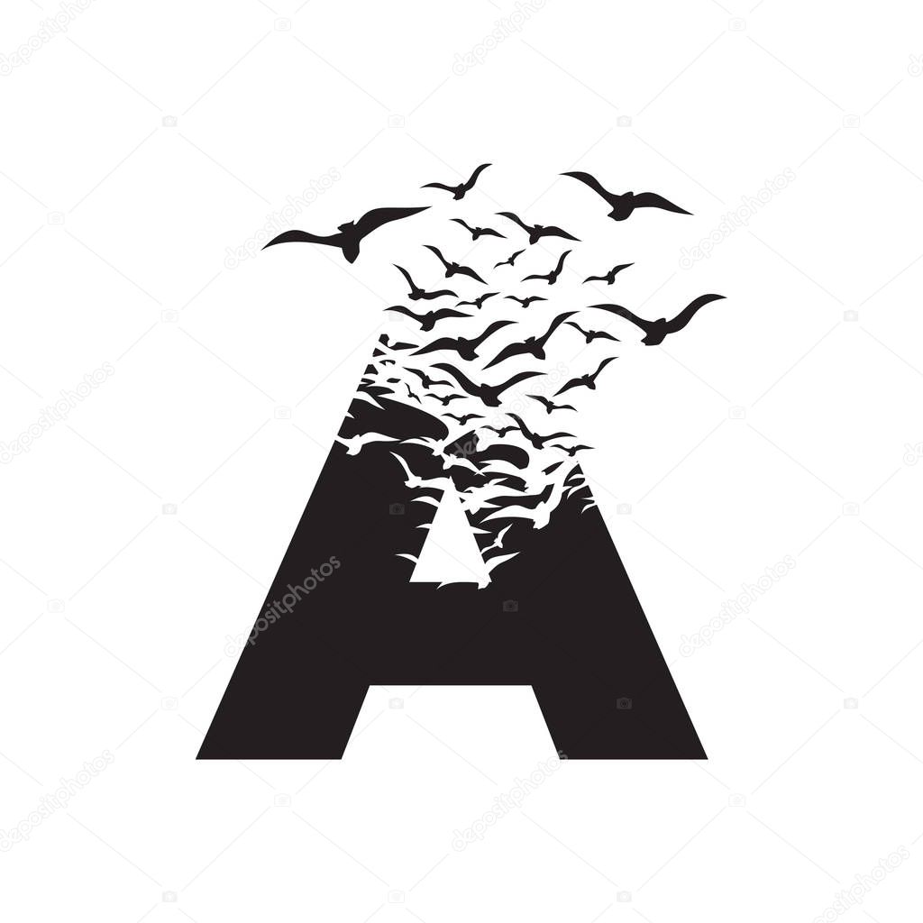 Letter A with effect of destruction. Dispersion. Birds.
