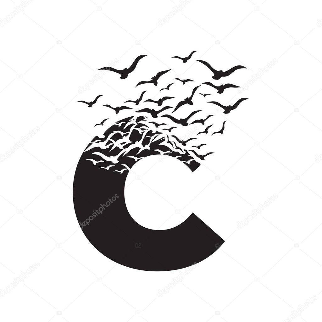 Letter C with effect of destruction. Dispersion. Birds.