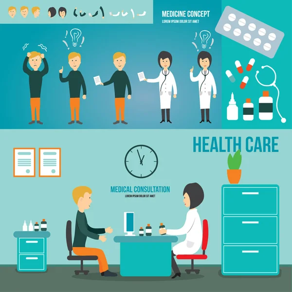 Doktor ve hasta tıbbi bir odada konuşuyorlar. Danışmanlık. İlaçlar