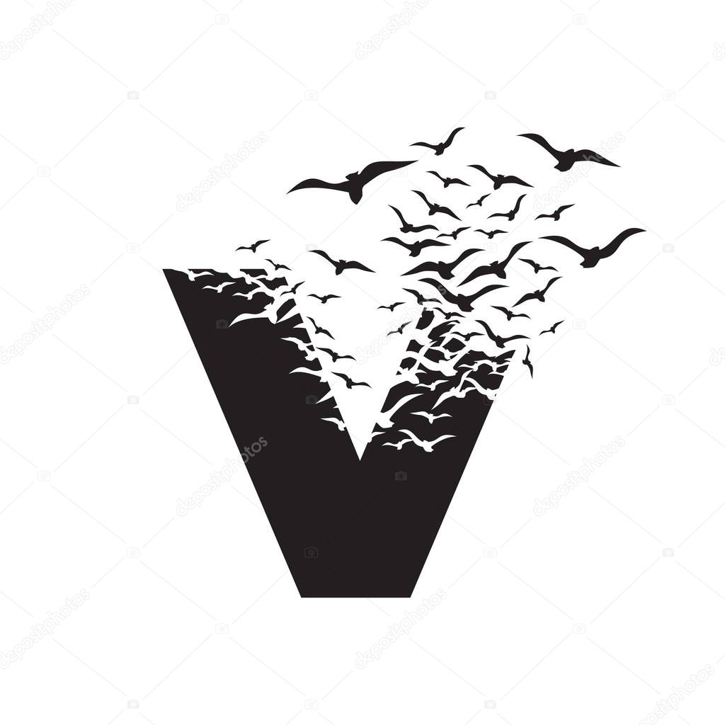 Letter V with effect of destruction. Dispersion. Birds.