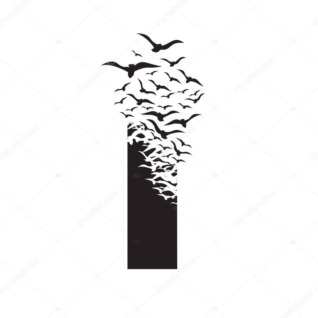 Letter I with effect of destruction. Dispersion. Birds.