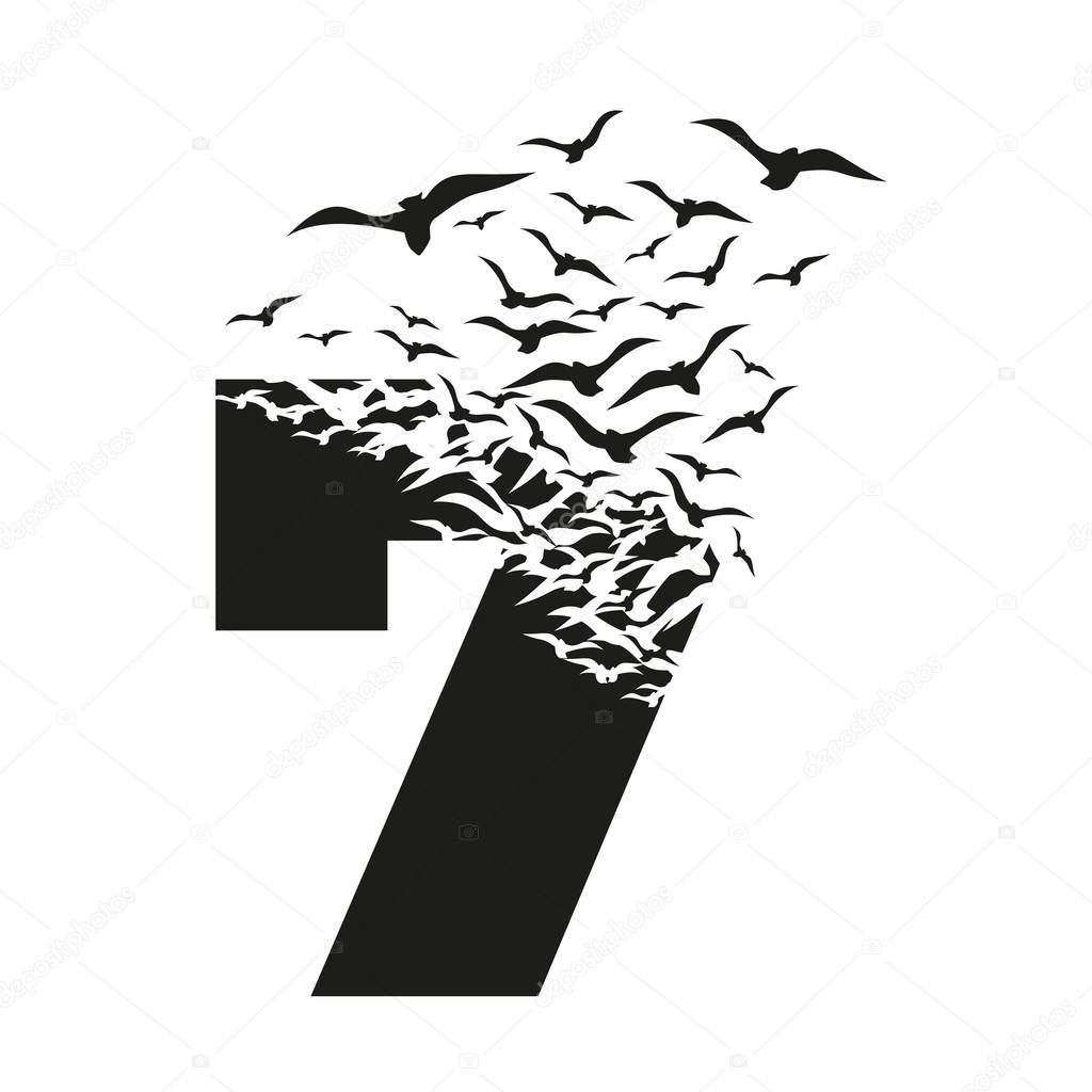 Number 7 with effect of destruction. Dispersion. Birds.