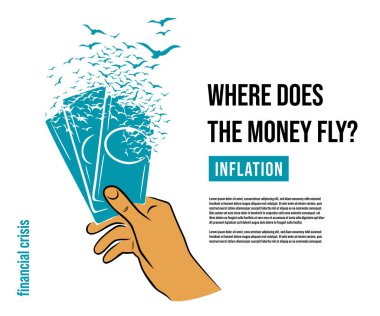 El, banknotları tutar. Para bir kuş bulutuna yayılıyor. Finansal kriz konsepti.