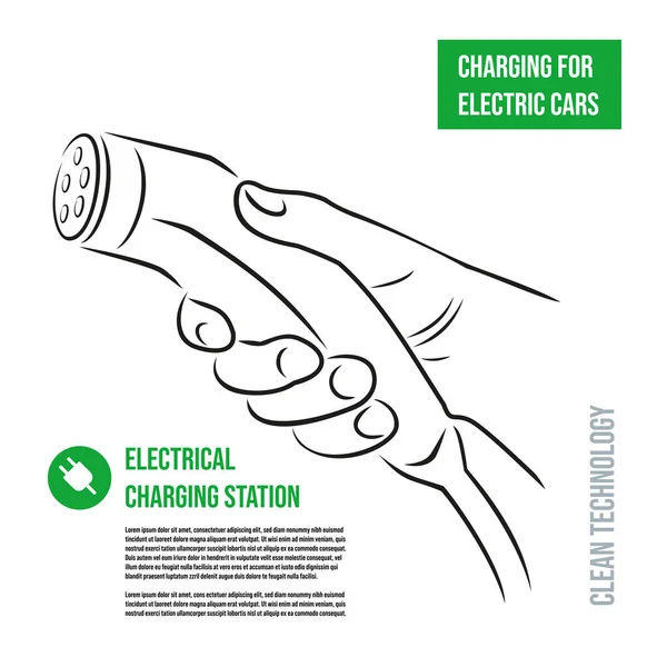 Hand Holds Charging Electric Car Cable Icon Charging Station Electric — Stock Vector