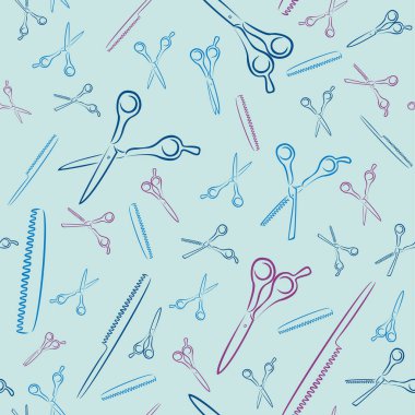 Kusursuz desen. Elbise baskısı. Paketleme için desenler. Saç kesimi ve saç fırçası için profesyonel makas. Bir kuaför için çizim..