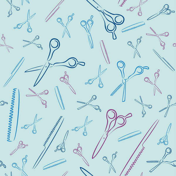 Seamless pattern. Print for clothes. Patterns for packaging. Professional scissors for haircuts and hairbrush. Drawing for a hairdresser.