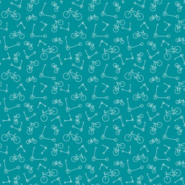 Kusursuz desen. Elbise baskısı. Paketleme için desenler. Bisiklet ve elektrikli scooterların arka planı.