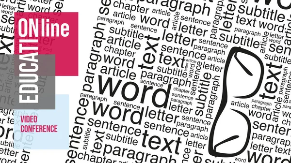 Video konferansı için sanal arka plan. Kelimelerin düzeni. Farklı boyutlarda kelimeler. Gözlükler. Rota ya da webinarlar için şablon.