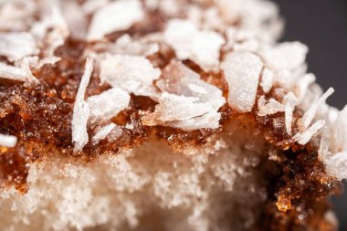 Yumuşak ve kabarık bir lamington çikolatalı ve ince parçalanmış hindistan cevizli Ultra makro fotoğraf.