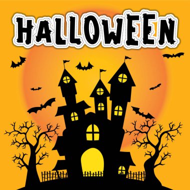 Şirin Halloween etiketi öğe siluet Kalesi, kabak, hayalet ve turuncu zemin üzerine ölü ağaçlar.