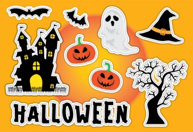 Şirin Halloween etiketi öğe siluet Kalesi, kabak, hayalet ve turuncu zemin üzerine ölü ağaçlar.