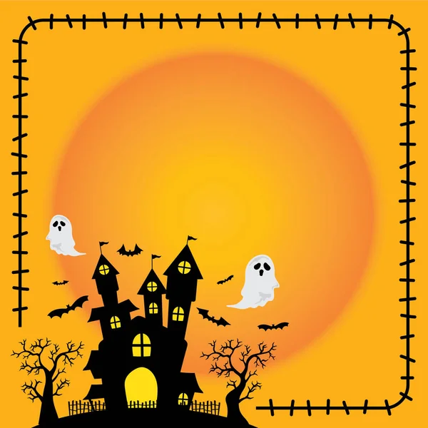 Şirin Halloween etiketi öğe siluet Kalesi, kabak, hayalet ve turuncu zemin üzerine ölü ağaçlar.