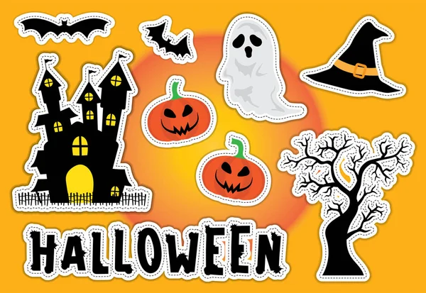 Şirin Halloween etiketi öğe siluet Kalesi, kabak, hayalet ve turuncu zemin üzerine ölü ağaçlar.
