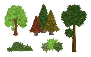 Beyaz arka plan üzerinde izole çeşitli ağaç vektör ayarlayın. çizim karikatür şeklinde birçok yaprak, bush ve orman.