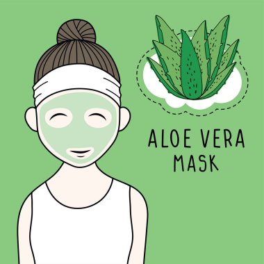 Aloe vera cilt bakımı, krem, losyon ve serum ile vektör kadın. El çizilen illüstrasyon kozmetik paket.