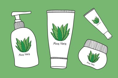 Vektör aloe vera cilt bakımı, krem, losyon ve serum. El çizilen illüstrasyon kozmetik paket.