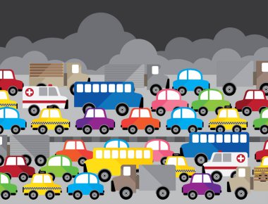 Şehrin vektör trafik sıkışıklığı. Hava kirliliği yolda.