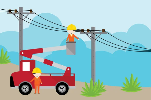 Electricista Grúa Del Coche Del Recolector Trabajando Con Poste Electricidad — Archivo Imágenes Vectoriales