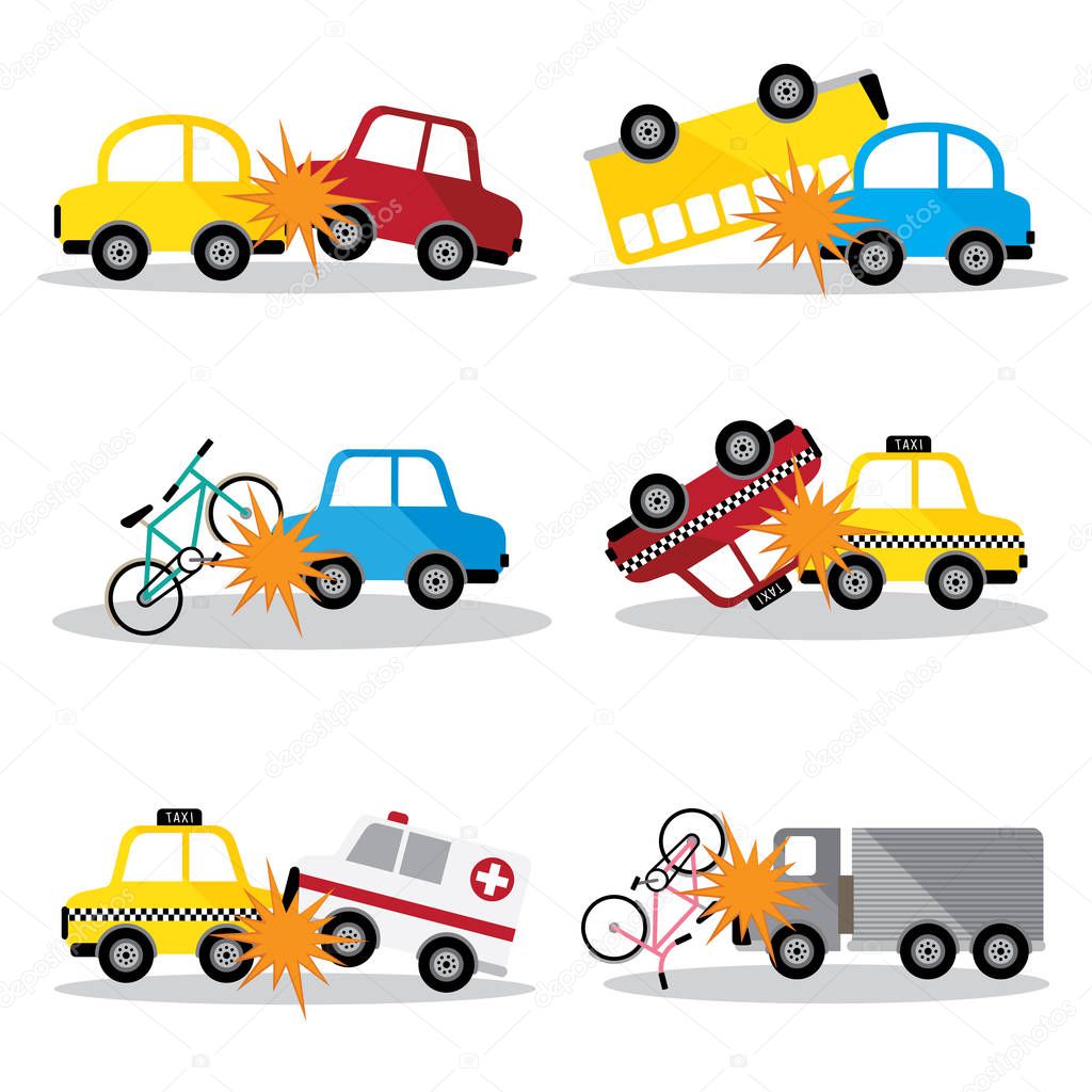 set vector accident car and smash up, isolated auto mobile crash on white background.