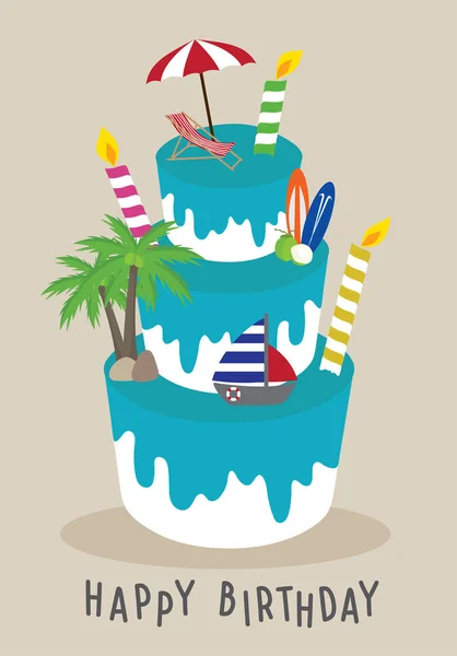Vector Cake Feliz Cumpleaños Para Viajero Concepto Verano Playa — Vector de stock