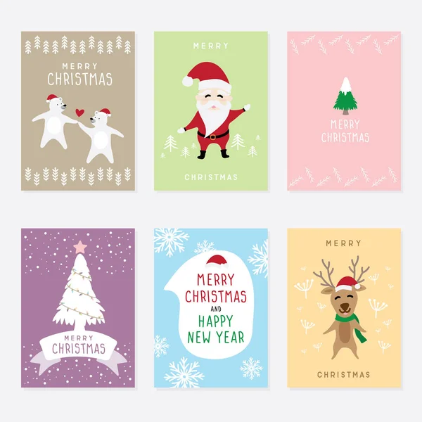 Set Vector Graphic Cartoon Card Merry Christmas Happy New Year — Stock Vector