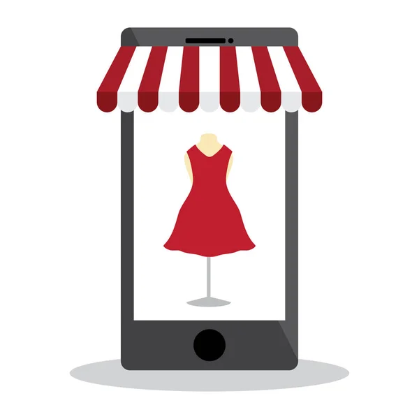 Mobil online ve kırmızı elbise beyaz arka plan üzerinde alışveriş