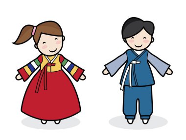vektör sevimli karakter erkek ve Korekadın, ulusal Kore kostümü
